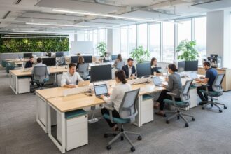 Bureau bench moderne favorisant la collaboration et l'optimisation de l'espace