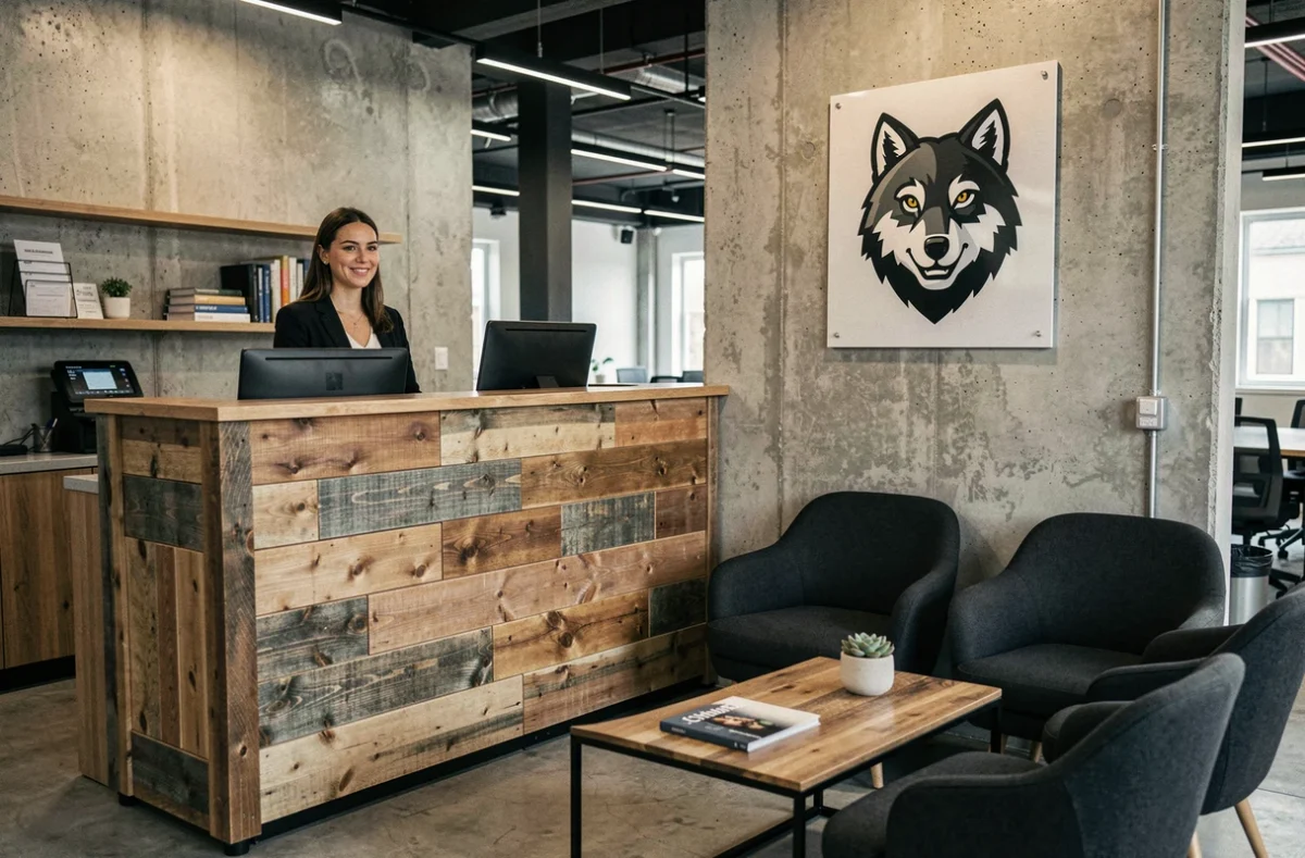Accueil d'un espace de coworking avec logo loup sur mur en béton, bureau en bois recyclé et espace lounge moderne