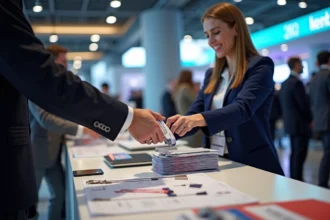 Bureau d'accueil d'un séminaire professionnel avec badges nominatifs, lanyards et documents d'identification pour congressistes