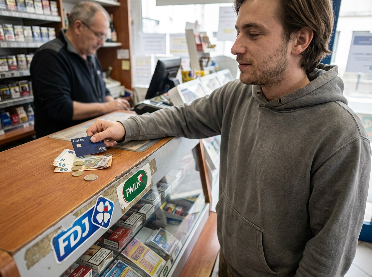 Homme achetant une carte prépayée sans banque avec des espèces dans un tabac