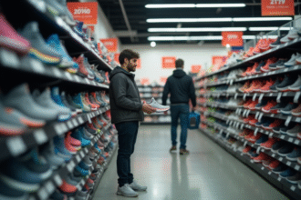 Acheteur examinant des chaussures de course en magasin lumineux