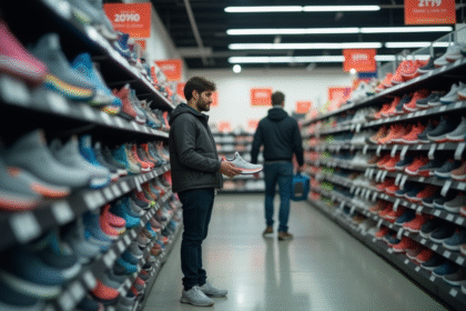 Acheteur examinant des chaussures de course en magasin lumineux