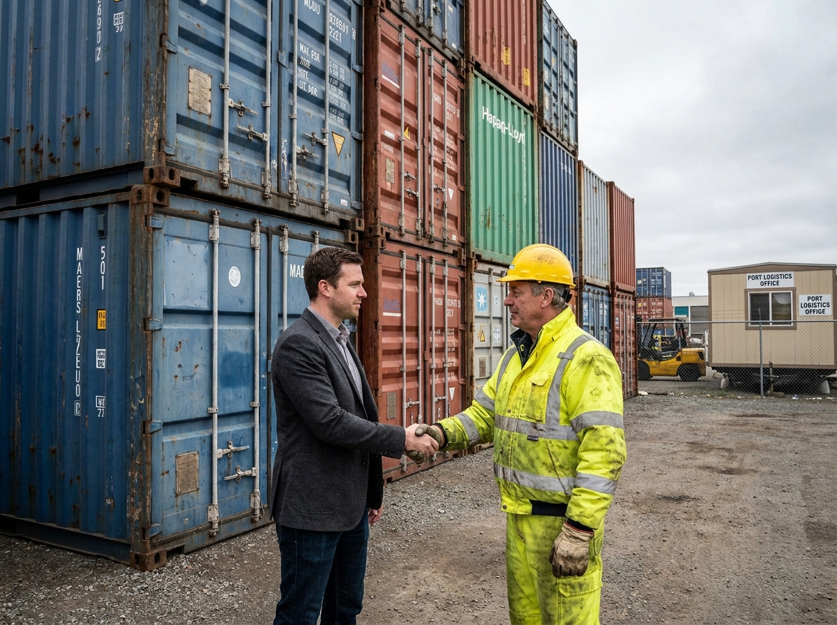 Acheteur et vendeur concluant un achat de container maritime d'occasion dans un dépôt commercial