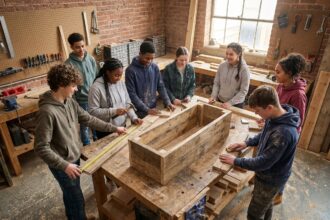 Groupe de jeunes adolescents travaillant ensemble sur un projet de fabrication de bac à plantes en bois recyclé dans un atelier communautaire, illustrant l'apprentissage du vivre-ensemble par la pratique collective