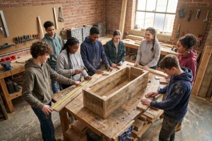 Groupe de jeunes adolescents travaillant ensemble sur un projet de fabrication de bac à plantes en bois recyclé dans un atelier communautaire, illustrant l'apprentissage du vivre-ensemble par la pratique collective