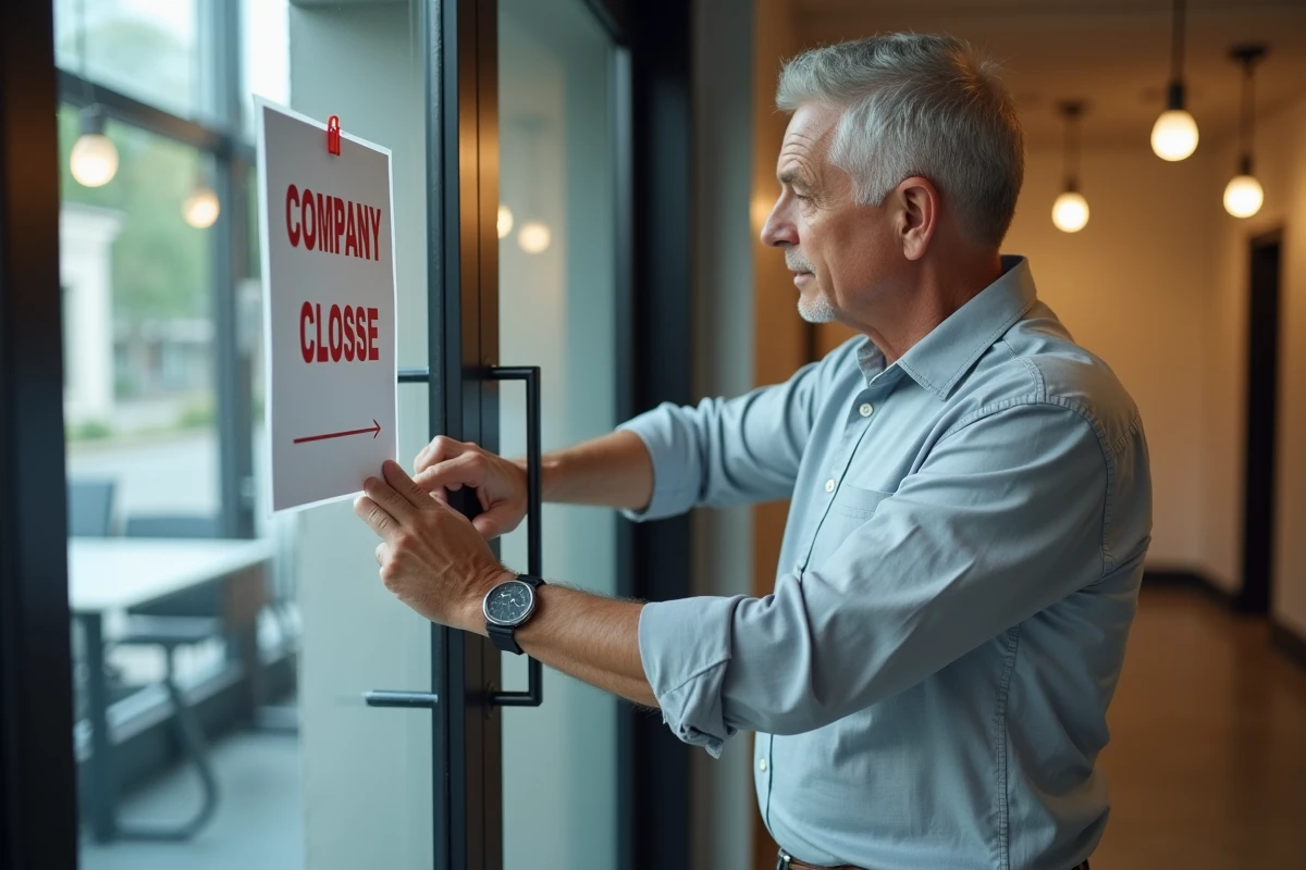Gérant d'entreprise affichant l'avis de fermeture estivale obligatoire sur la porte de son bureau
