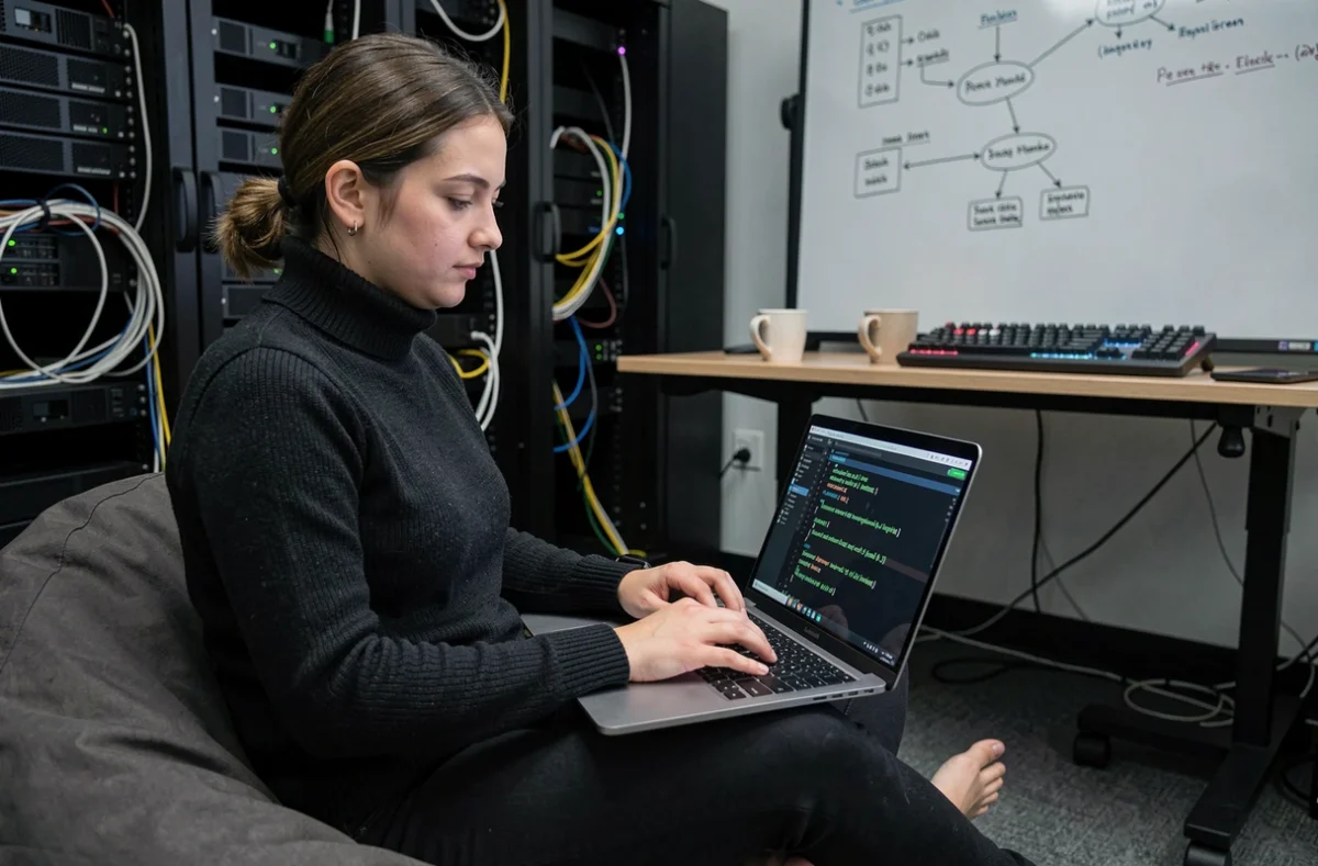 Développeuse de l'agence Numidev codant une application web sur ordinateur portable dans un studio tech