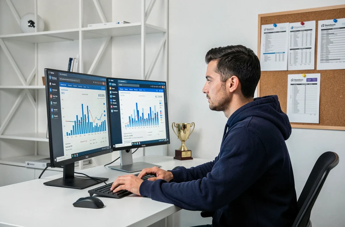 Développeur web de l'agence Ranker analysant des données de référencement sur deux écrans