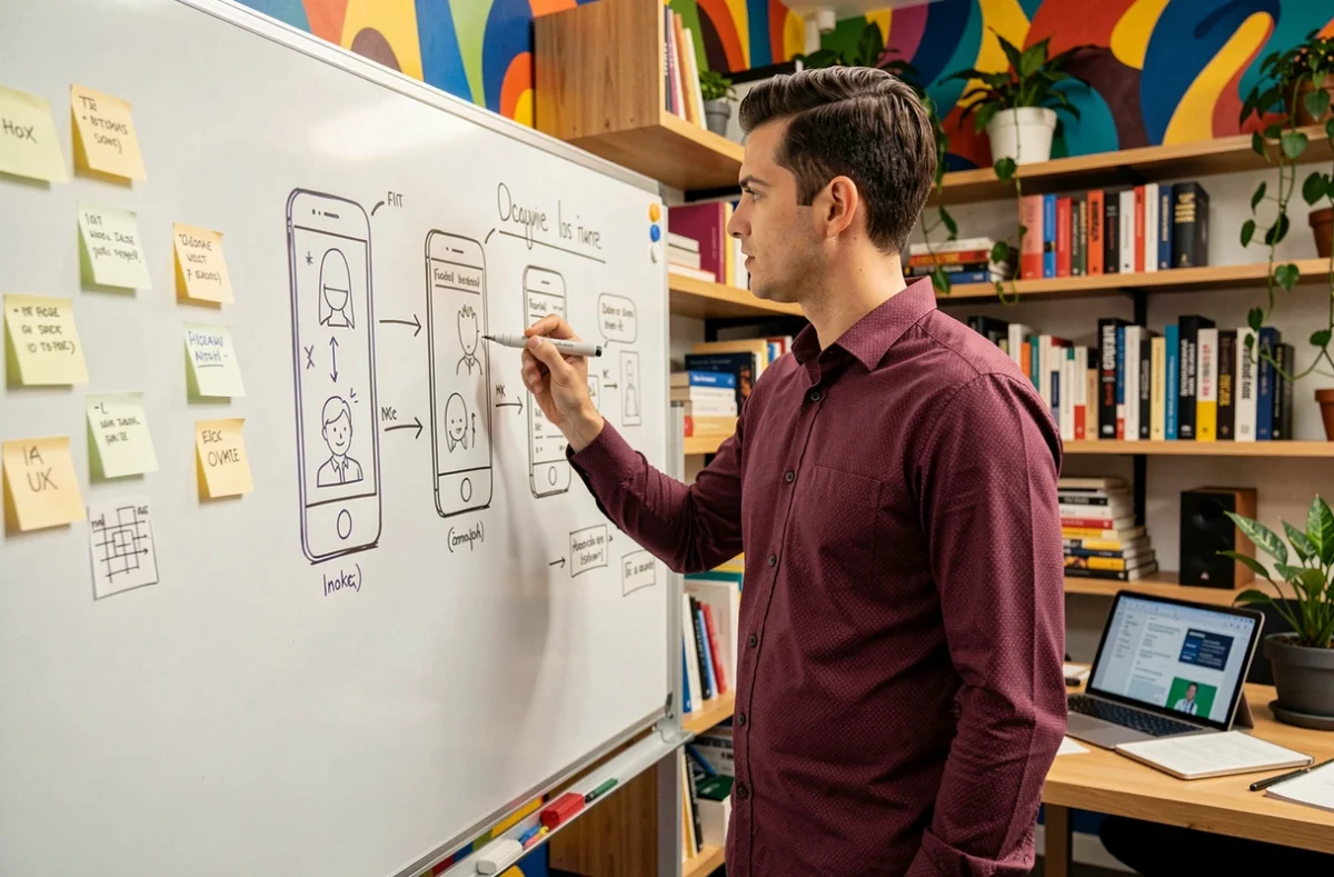 Designer UX de l'agence Snazzy esquissant un parcours utilisateur sur tableau blanc dans un studio créatif