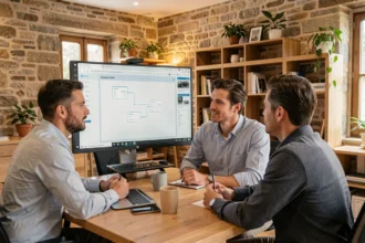 Équipe d'une agence web en Ardèche collaborant sur un projet de conception de site internet dans un bureau moderne