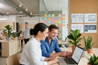 Deux collaborateurs d'une agence web travaillant ensemble sur la conception d'un site vitrine devant un ordinateur portable dans un bureau moderne