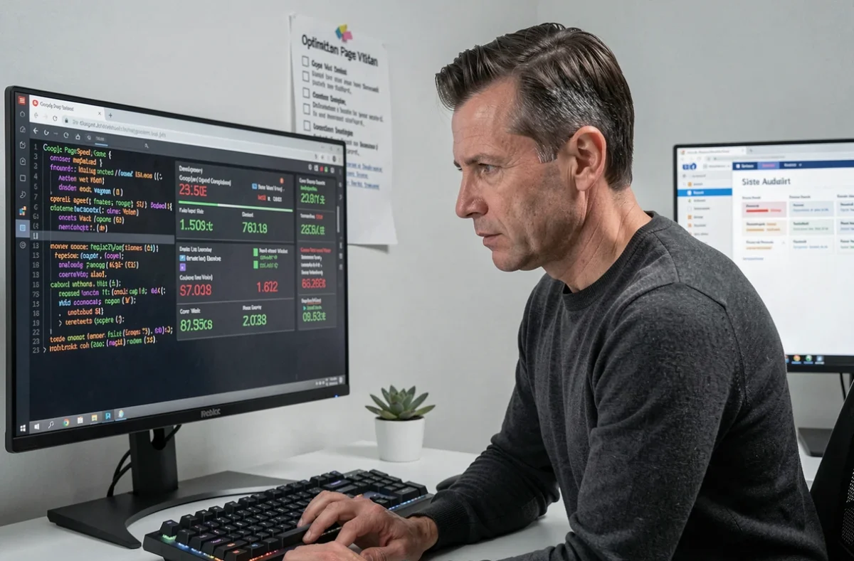 Spécialiste de l'Agence Web Performance analysant les métriques Core Web Vitals dans un bureau minimaliste