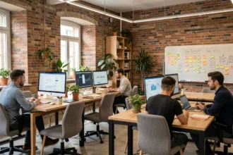 Équipe d'une agence web en Maine-et-Loire collaborant dans un espace de travail moderne