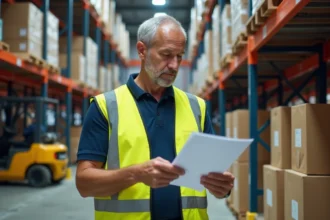Agent d'avisage en entrepôt contrôlant des étiquettes sur des cartons empilés dans un entrepôt logistique