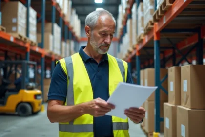 Agent d'avisage en entrepôt contrôlant des étiquettes sur des cartons empilés dans un entrepôt logistique