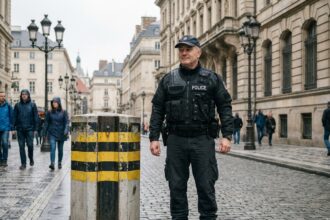 Policier en uniforme dans une ville européenne historique
