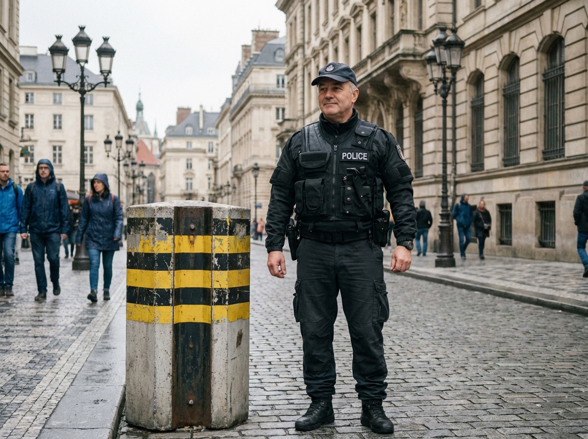 Policier en uniforme dans une ville européenne historique