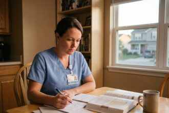 Une aide à domicile en tenue de travail étudie ses cours d'aide-soignante à la maison, entourée de manuels de formation médicale
