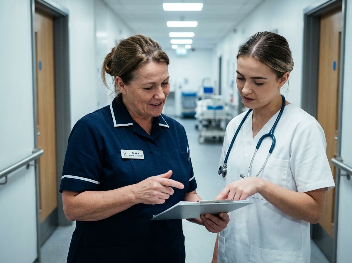 Une aide à domicile expérimentée échange avec une étudiante infirmière dans un couloir d'hôpital, illustrant la reconversion professionnelle vers le métier d'aide-soignante