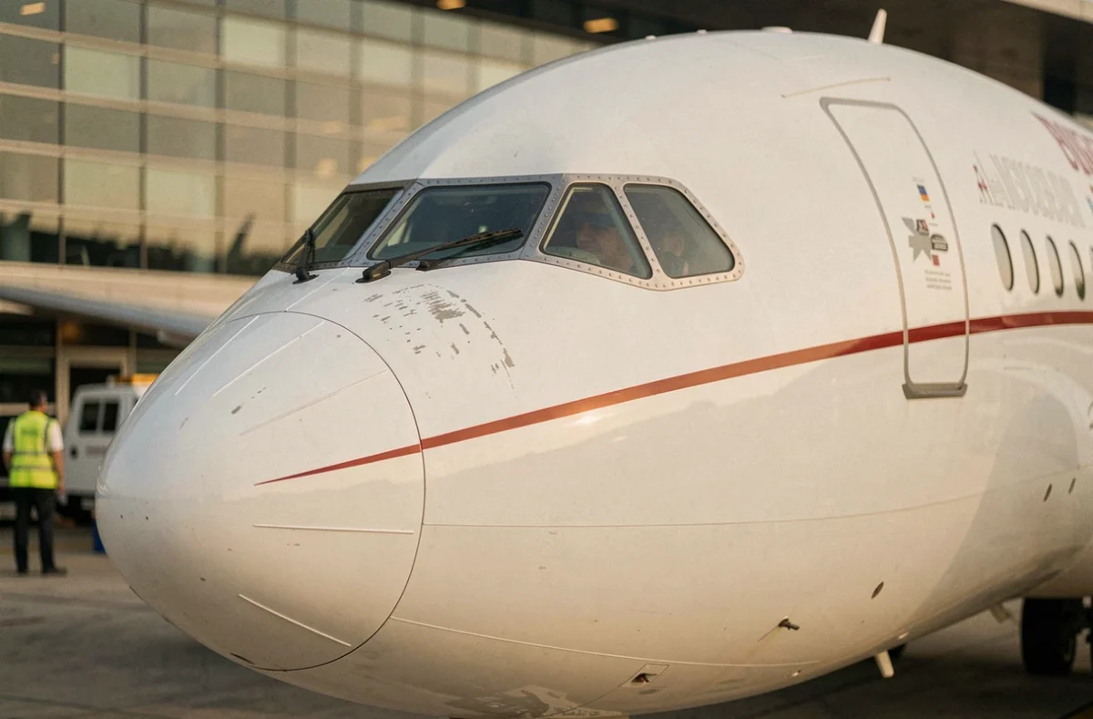 Gros plan sur le nez et le cockpit d'un Airbus A330-300 avec fuselage allongé distinctif