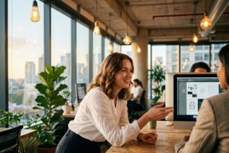 Jeune femme en entretien d'embauche dans un bureau moderne avec une ambiance lumineuse chaleureuse et des grandes fenêtres