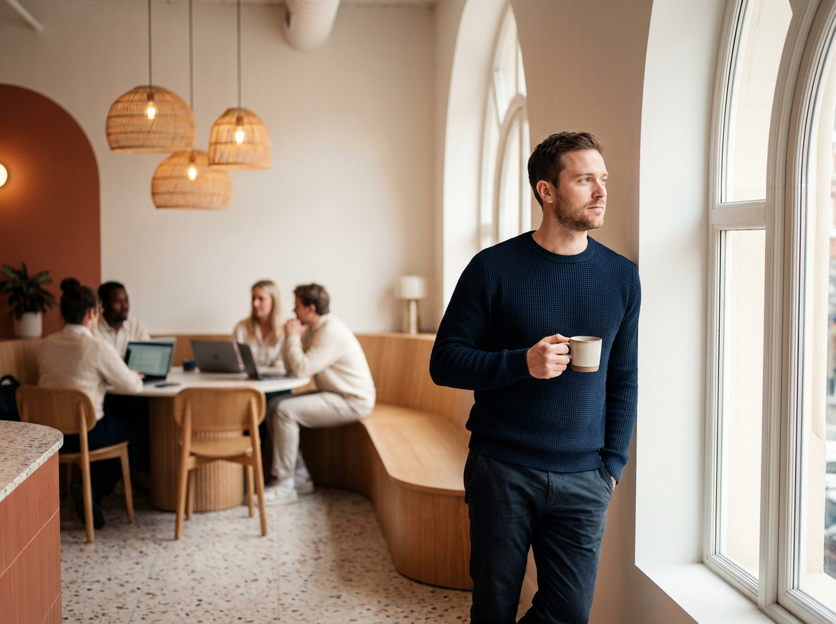 Jeune cadre évaluant l'atmosphère d'une salle de pause moderne avec une ambiance lumineuse naturelle et un design soigné
