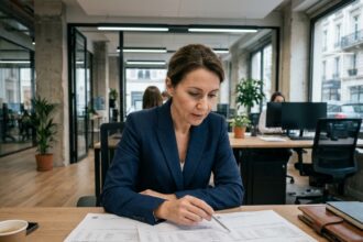 Femme d'affaires analysant une facture d'électricité EDF Tarif Bleu dans un bureau moderne