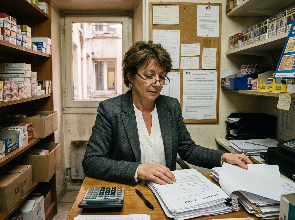Femme d'affaires analysant des documents financiers et un bail commercial avant d'investir dans un bureau de tabac à Chambéry