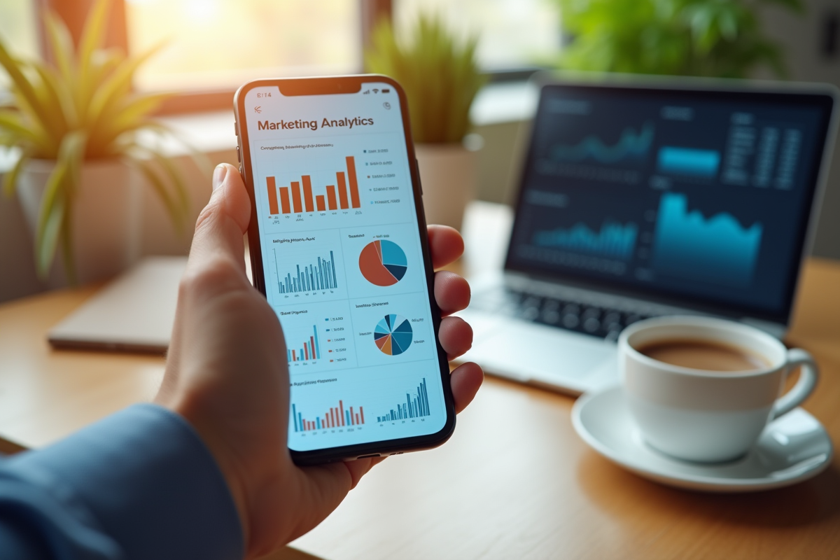 Main tenant un smartphone avec graphiques marketing