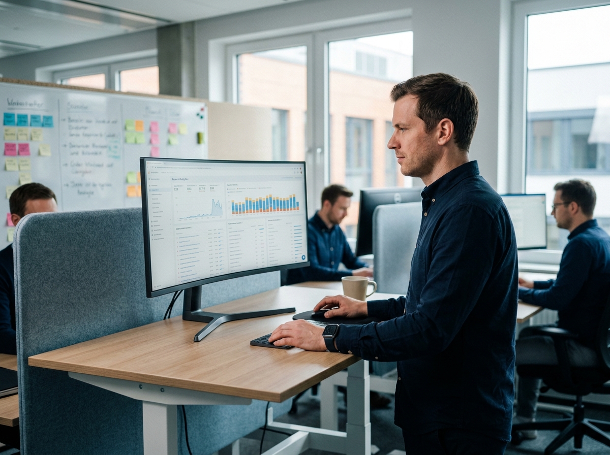 Professionnel du SEO analysant un tableau de bord de suivi de mots-clés dans un bureau moderne en open space
