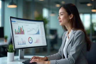 Professionnelle analysant des données de coût par clic sur un tableau de bord PPC dans un bureau moderne
