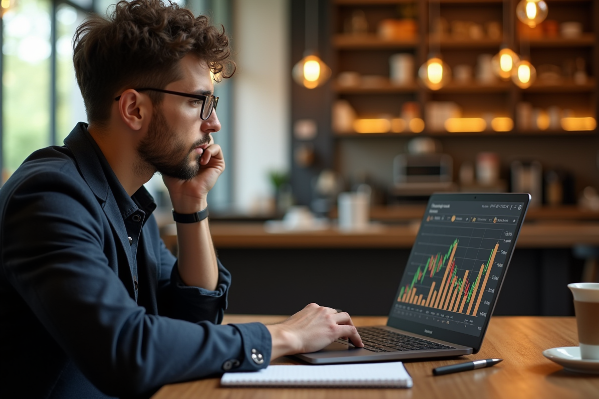 Jeune professionnel analysant graphiques Bitcoin dans un café lumineux
