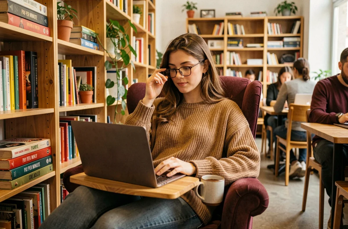Espace Anticafé à Créteil en formule de coworking au temps passé avec une jeune femme installée dans un fauteuil confortable
