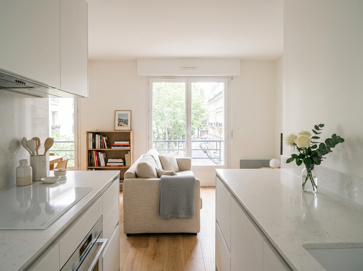 Intérieur d'appartement impeccable à Boulogne-Billancourt avec cuisine propre et salon soigneusement rangé grâce aux services de ménage