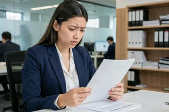 Jeune apprentie tenant une lettre de démission dans un bureau, expression de détermination face au harcèlement au travail