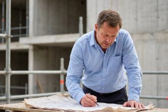 Architecte expérimenté qui examine des plans de construction sur un chantier avec une structure en béton en arrière-plan, illustrant la responsabilité professionnelle liée à la garantie décennale