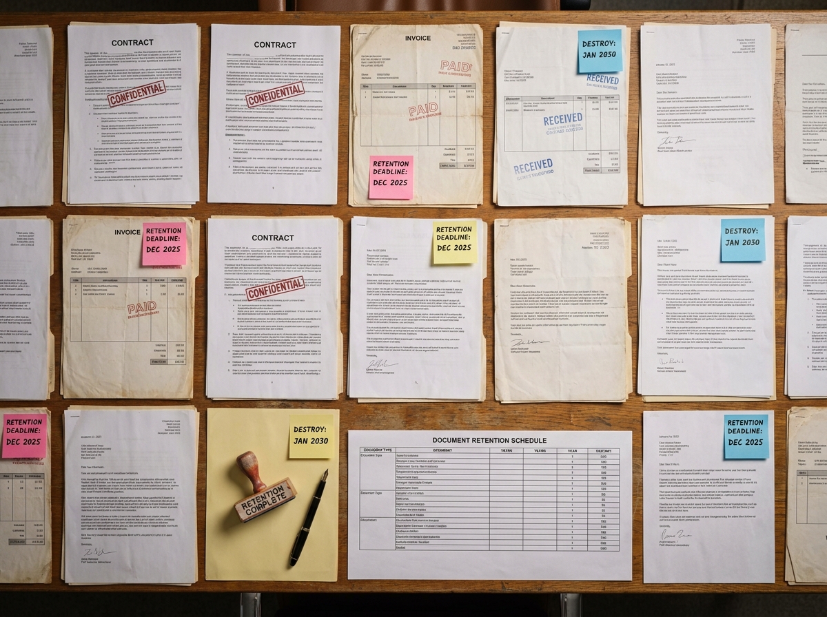 Vue aérienne de documents papier d'entreprise classés sur une table avec tampons, stylo et tableau des durées de conservation légales