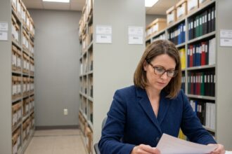Archiviste professionnelle consultant des documents papier classés dans une salle d'archives d'entreprise avec étagères métalliques et boîtes étiquetées