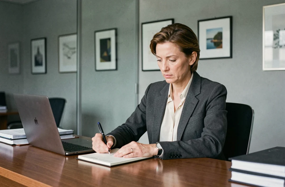 Ariane Rooryck Sarret, avocate au barreau du Havre, prenant des notes dans son bureau professionnel moderne