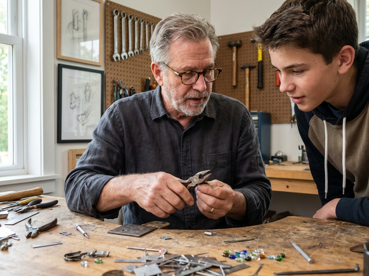 Artisan plus age montrant des outils à une adolescente