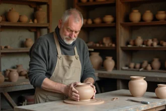 Artisan normand façonnant une poterie en terre cuite