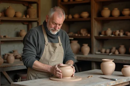 Artisan normand façonnant une poterie en terre cuite