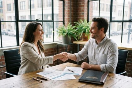 Deux associés signant un accord formel dans un espace de coworking moderne, illustrant la formalisation des relations entre associés dans une jeune entreprise