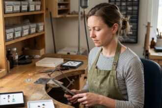 Femme artisanant dans son atelier de bijoux avec outils