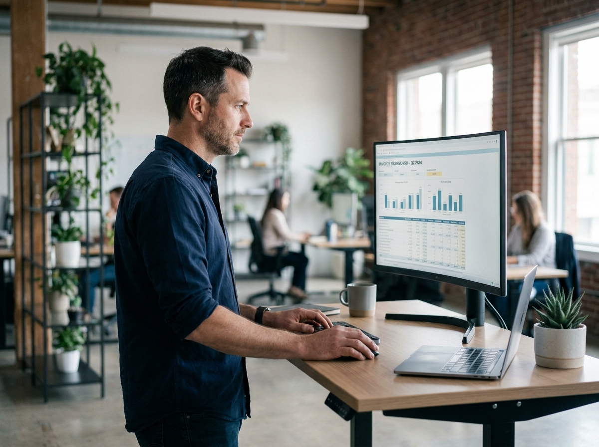 Auto-entrepreneur masculin gérant ses factures numériques sur un grand écran dans un espace de coworking moderne