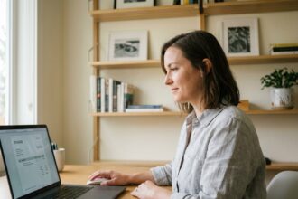Auto-entrepreneuse consultant une facture en ligne sur son ordinateur portable dans un bureau à domicile organisé
