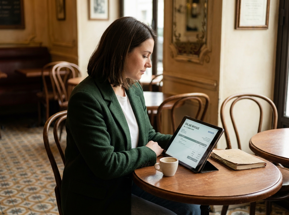 Jeune auto-entrepreneuse travaillant sur une facture en ligne depuis sa tablette dans un café parisien