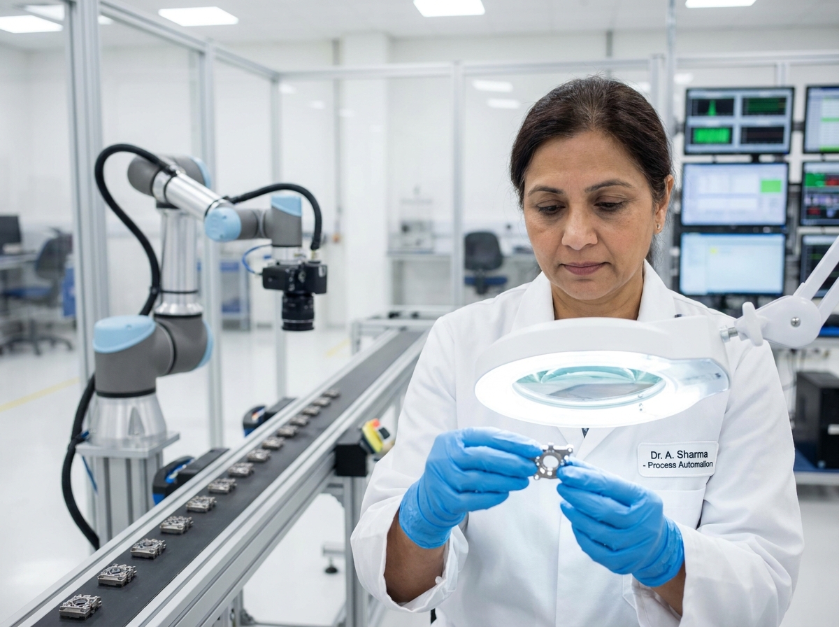 Spécialiste en automatisation inspectant un composant industriel aux côtés d'un système de vision par caméra robotisée