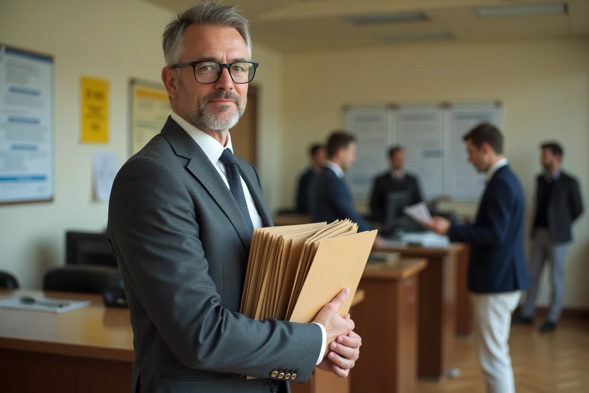 Avocat dans un bureau administratif tenant un dossier avec codes NAF lors d'une démarche d'immatriculation