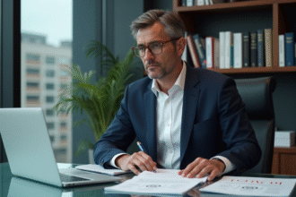 Avocat en costume navy examinant un symbole de copyright